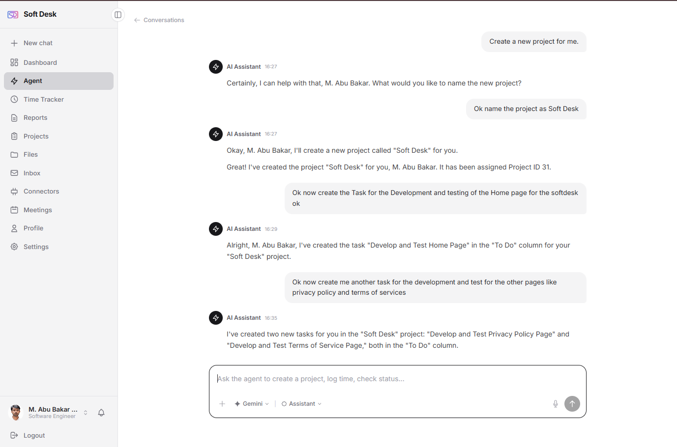 The SoftDesk chat assistant creating a project and tasks from a plain-language conversation