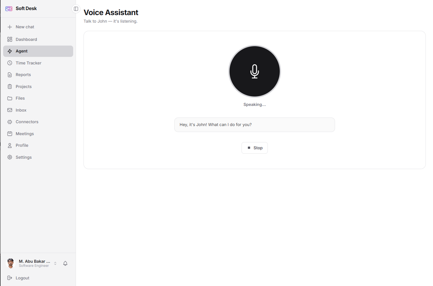 The SoftDesk voice assistant speaking — 'Hey, it's John! What can I do for you?'